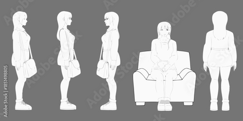 Line art character design sheet featuring female figures in various poses