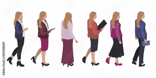 A collection of stylized women walking in different business attire