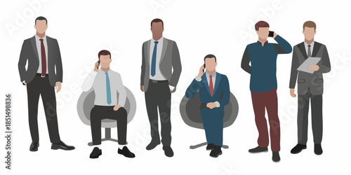A group of diverse businessmen in suits and casual attire communicating