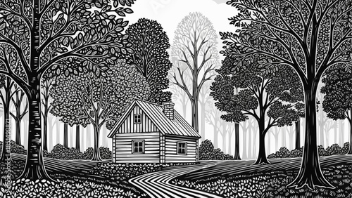 Rustic Log Cabin Nestled Amongst Tall Trees in a Forest.