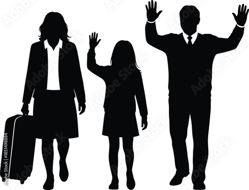 Family silhouettes traveling and waving goodbye or hello, including man, woman with luggage, and child black vector graphic