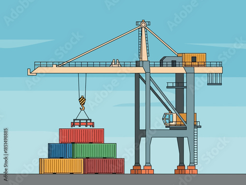 Crane lifting shipping containers at a bustling dockyard on a clear day with a serene blue sky