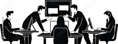Office Team Working Together and Communicating Vector Silhouette