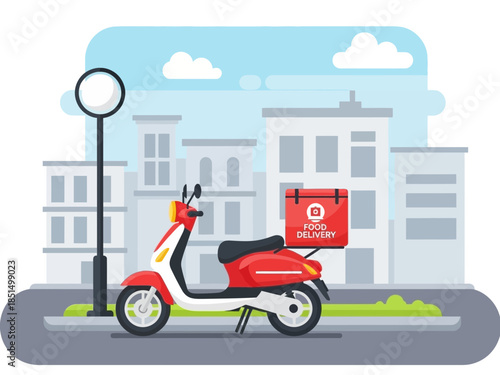 Scooter parked on a street in front of buildings with a delivery bag attached