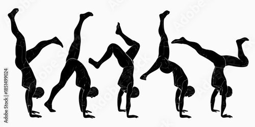 A sequence of silhouettes demonstrating various handstand and gymnastic poses