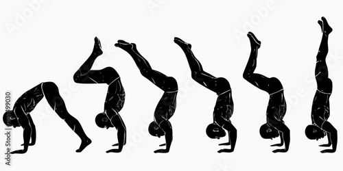 A sequence of silhouettes demonstrating a handstand progression and human movement