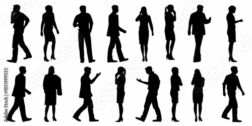 Diverse silhouettes of people in business attire walking and interacting