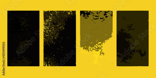 Abstract arrangement of four dark and golden rectangular shapes on yellow background