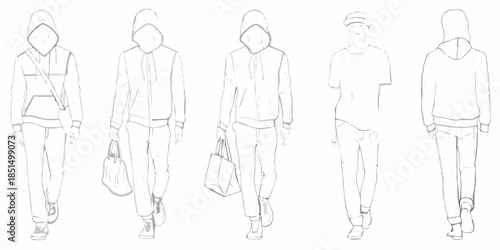 Line art sketches of five figures wearing hoodies and casual wear