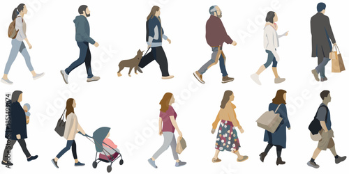 Diverse group of people walking including individuals with pets and families