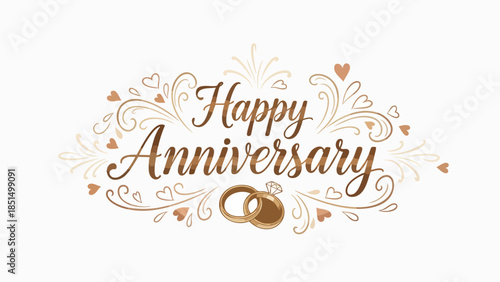 Elegant Happy Anniversary golden typography with decorative hearts and intertwined rings, celebrating enduring love and cherished milestones