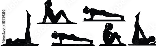 Fitness Workout Poses Set Silhouette Vector Women Exercising on Mat Stretching Yoga and Pilates