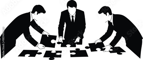 Teamwork Puzzle Solution Businessmen Silhouette Vector Black and White Graphic of Corporate Team Strategy and Collaboration