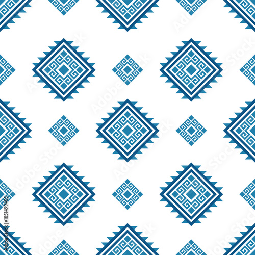 seamless geometric pattern featuring intricate blue diamond shapes on a clean white background. This design combines traditional tribal ethnic aesthetics with a modern minimalist feel.