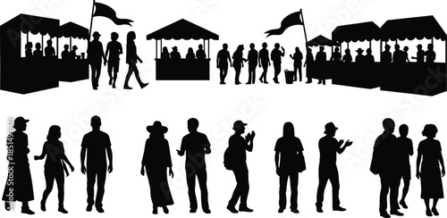 Festival or Market Crowd Silhouettes Set People Walking Standing at Outdoor Stalls Kiosks and Booths Black and White Vector Graphic Resource