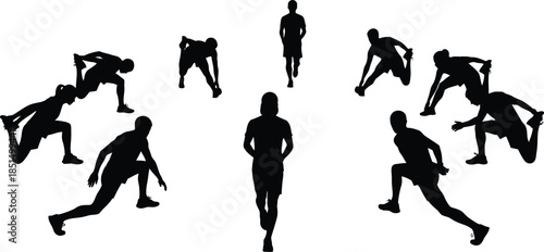Athlete Warmup Stretching Silhouette Set Vector Isolated on White Background