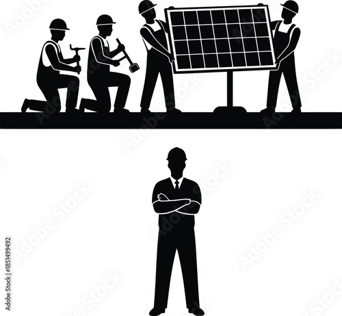 Solar panel installation team silhouette set Construction workers installing photovoltaic panels and engineer supervisor icon