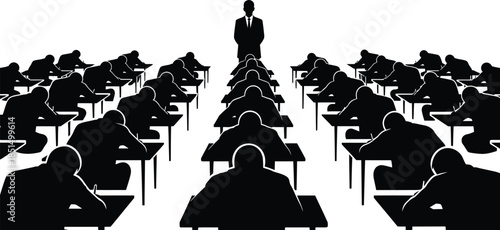 High Contrast Silhouette Vector of Students Writing an Exam watched by Instructor