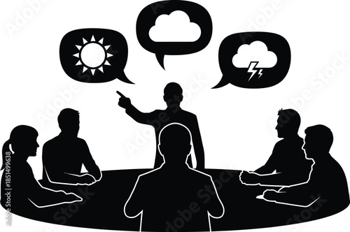 Business Meeting Scenario Planning and Strategy Discussion Silhouette Vector Icon with Weather Outcomes