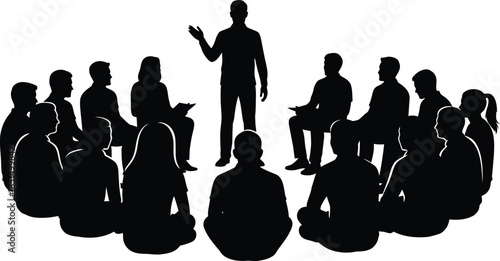 Presentation or Group Discussion Silhouette People Gathered in a Circle for a Meeting Training or Workshop