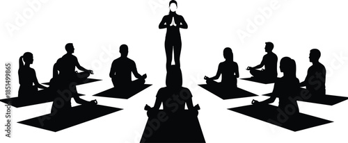 Yoga and Meditation Class Group Silhouette Vector Instructor and Students