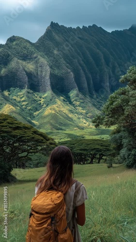 Woman Hiking in Tropical Mountain Forest Hawaii