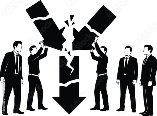 Businessmen holding a broken downward arrow symbolizing crisis failure economic downturn or market crash black and white vector graphic