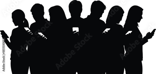 Group of diverse people silhouettes using mobile phones smartphone addiction and digital communication concept vector illustration