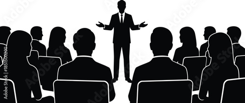 Public Speaking Event Businessman Presenting to Audience Silhouette Vector Illustration Black and White