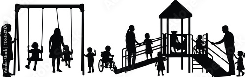 Diverse Children and Adults Playing on Accessible Playground Silhouette Vector Kids on Swings Slide and Wheelchair
