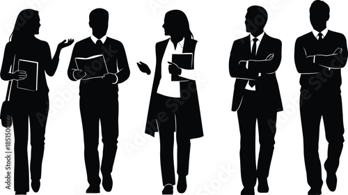 Business People Silhouettes Collection Set of Five Vector Graphics Walking Talking and Holding Documents Professional Corporate Staff