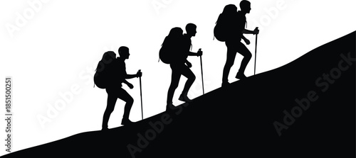 Silhouette of Three Mountaineers Hiking up a Mountain Slope with Backpacks and Poles