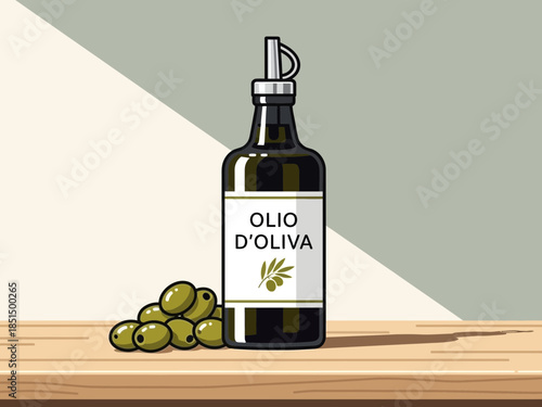 A bottle of olive oil and olives on a wooden table with a minimalist background