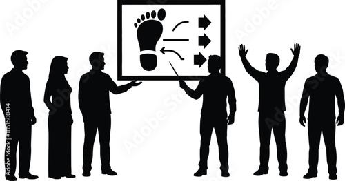 People silhouettes at presentation discussing foot analysis biomechanics or pressure distribution vector diagram