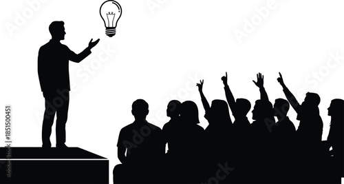 Speaker Presenting Idea Lightbulb to Audience Raising Hands Silhouette Vector Illustration for Education and Business