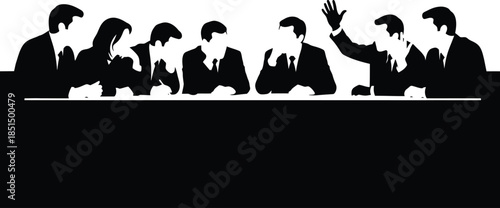 Business Meeting Silhouette Group Discussion at Table One Person Raising Hand Minimalist Vector