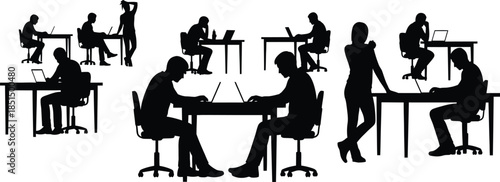 Silhouettes of business people working on laptops at office desks vector set Black and white minimalist graphic resource for workspace design