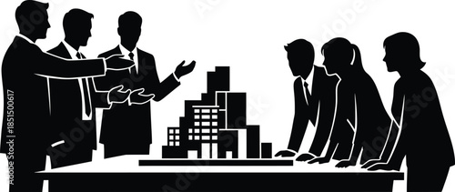 Business team meeting silhouette discussing architectural city model project development