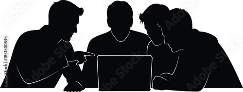 Business Team Collaboration Silhouette Working on Laptop Vector Icon