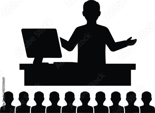 Public Speaker or Teacher Giving Presentation to Audience Silhouette Icon Black and White Simple Vector Graphic