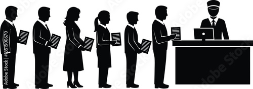 Business people queue silhouette vector icon Customers standing in line holding documents waiting for service at a counter or official clerk