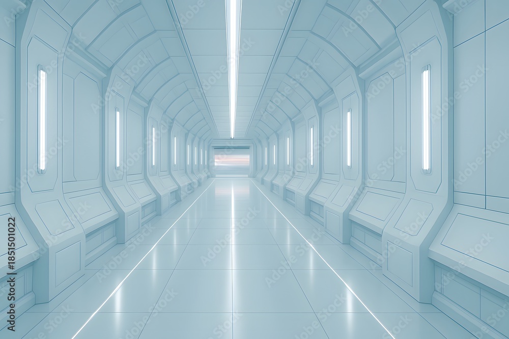 Obraz premium Long futuristic corridor with blue lighting panels and reflective glossy floor perspective
