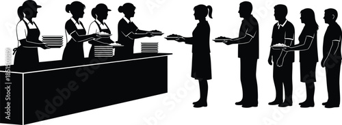 Cafeteria or institutional food service line silhouette vector graphic with staff serving customers