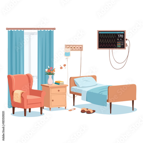 Cartoon illustration of a hospital room with medical equipment and patient amenities
