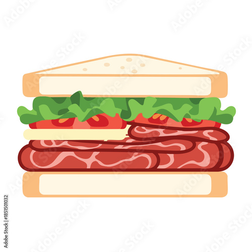 A layered sandwich with meat, cheese, lettuce, and tomatoes between toasted bread slices