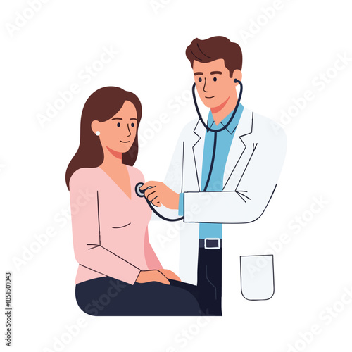 A doctor checks a patient's chest using a stethoscope in a medical examination setting