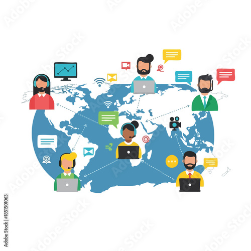 A global network of people using tech for communication across a world map