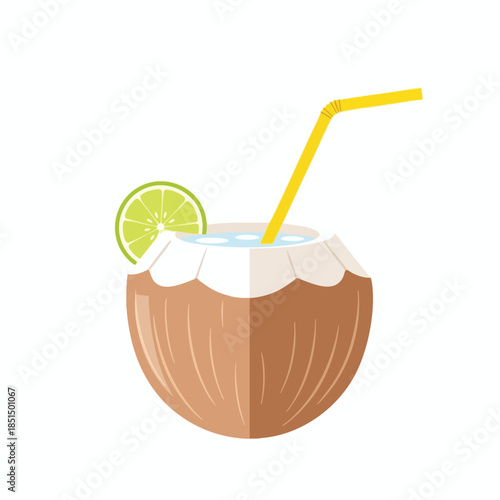 Vector illustration of coconut drink with lime slice and yellow straw on white
