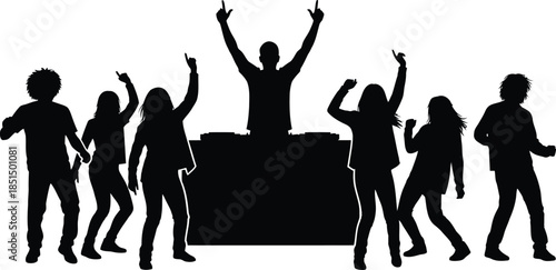 Dancing party crowd silhouettes with DJ graphic vector illustration black and white