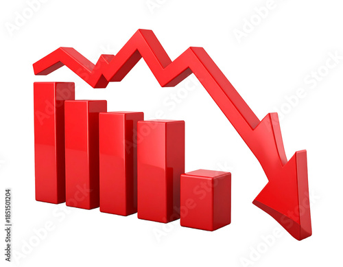 A 3D rendered graphic displaying a financial downturn. Red bars depict declining values, accompanied by a descending arrow Free Download A 3D rendered graphic displaying a financial downturn. Red bars depict declining values, accompanied by a descending arrow - GFXLoad